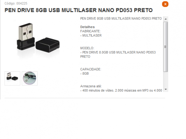 PEN DRIVE 8GB USB MULTILASER NANO PD053 PRETO